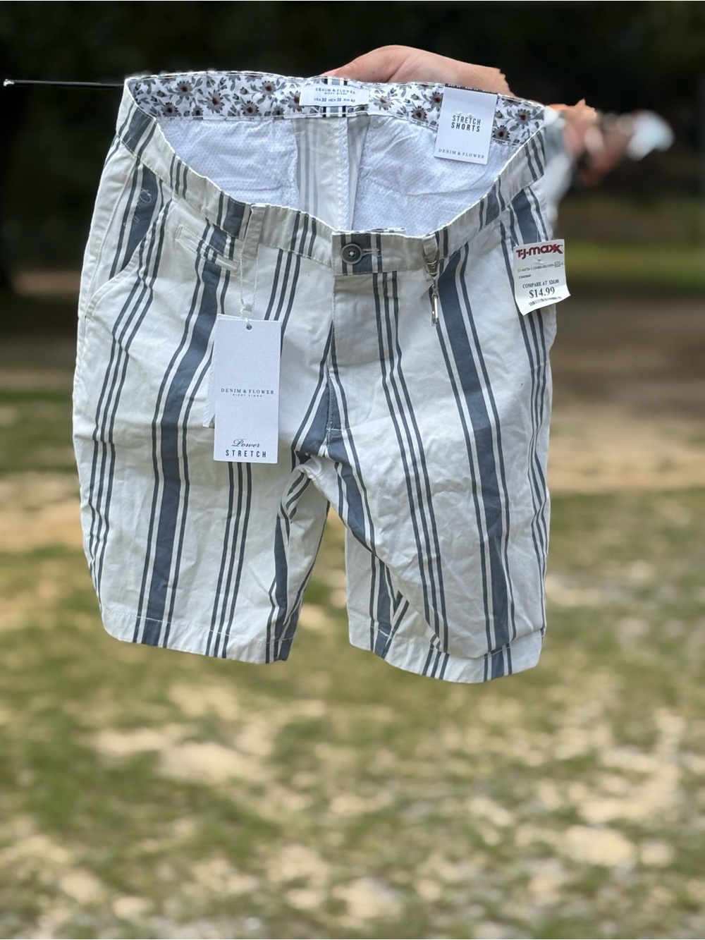 Denim & Flower White Shorts with Navy Vertical Stripes